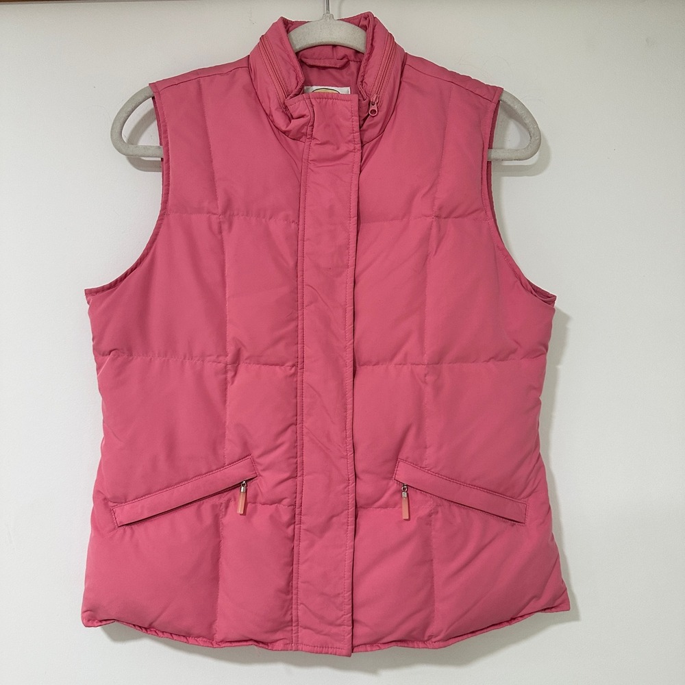 Talbots Petites Down Puffer Vest Pink Hooded Quilted Full Zip Women Small P S